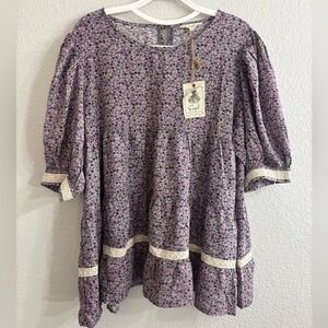 Easel New Purple Floral Blouse with Cream Lace Accents and Puffy Sleeves NWT L